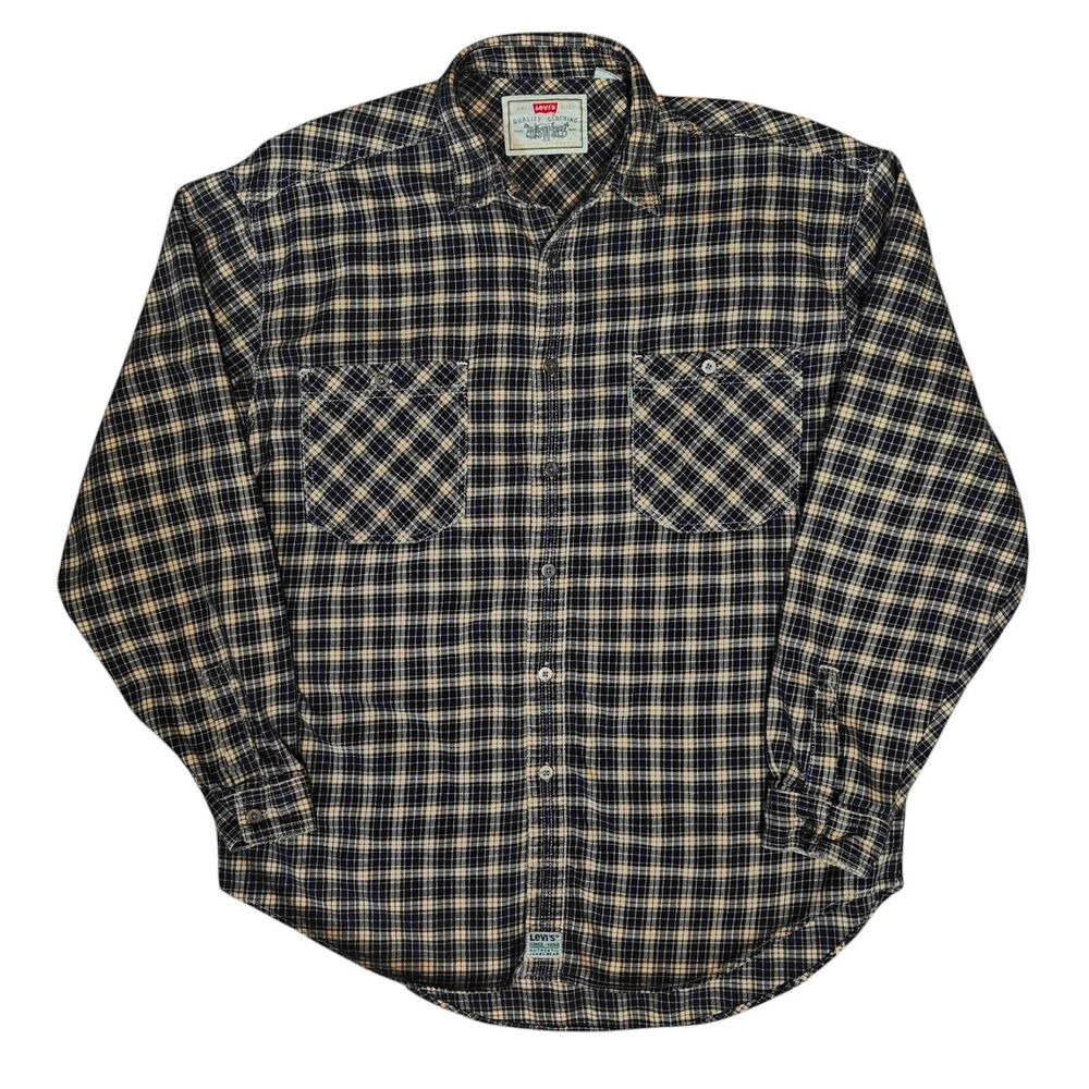 Vtg Levi's Plaid Flannel Shirt Mens L Large Long Sleeve 90s Cotton Brown Blue